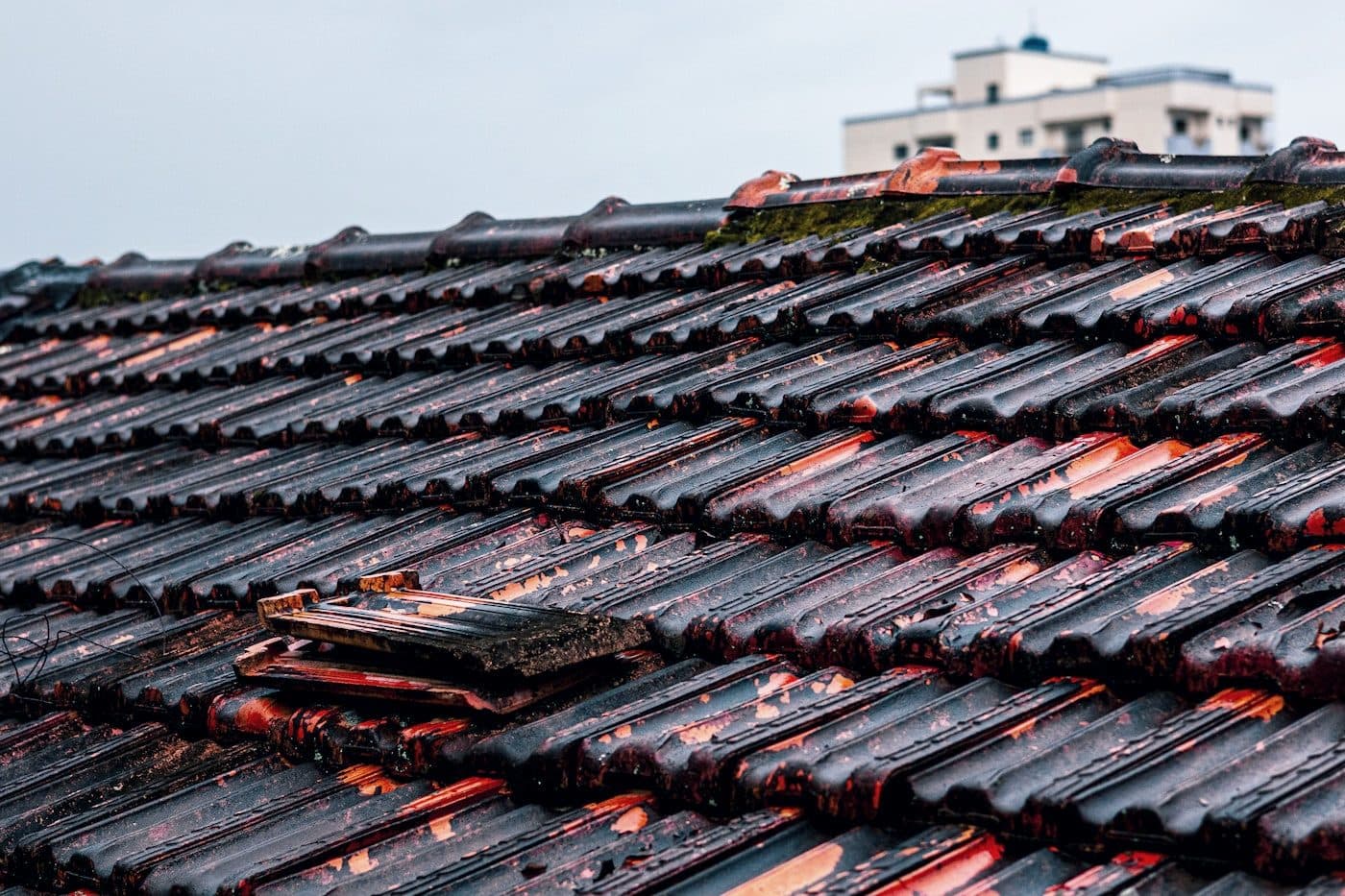 Displaced roof tiles photographed after a storm