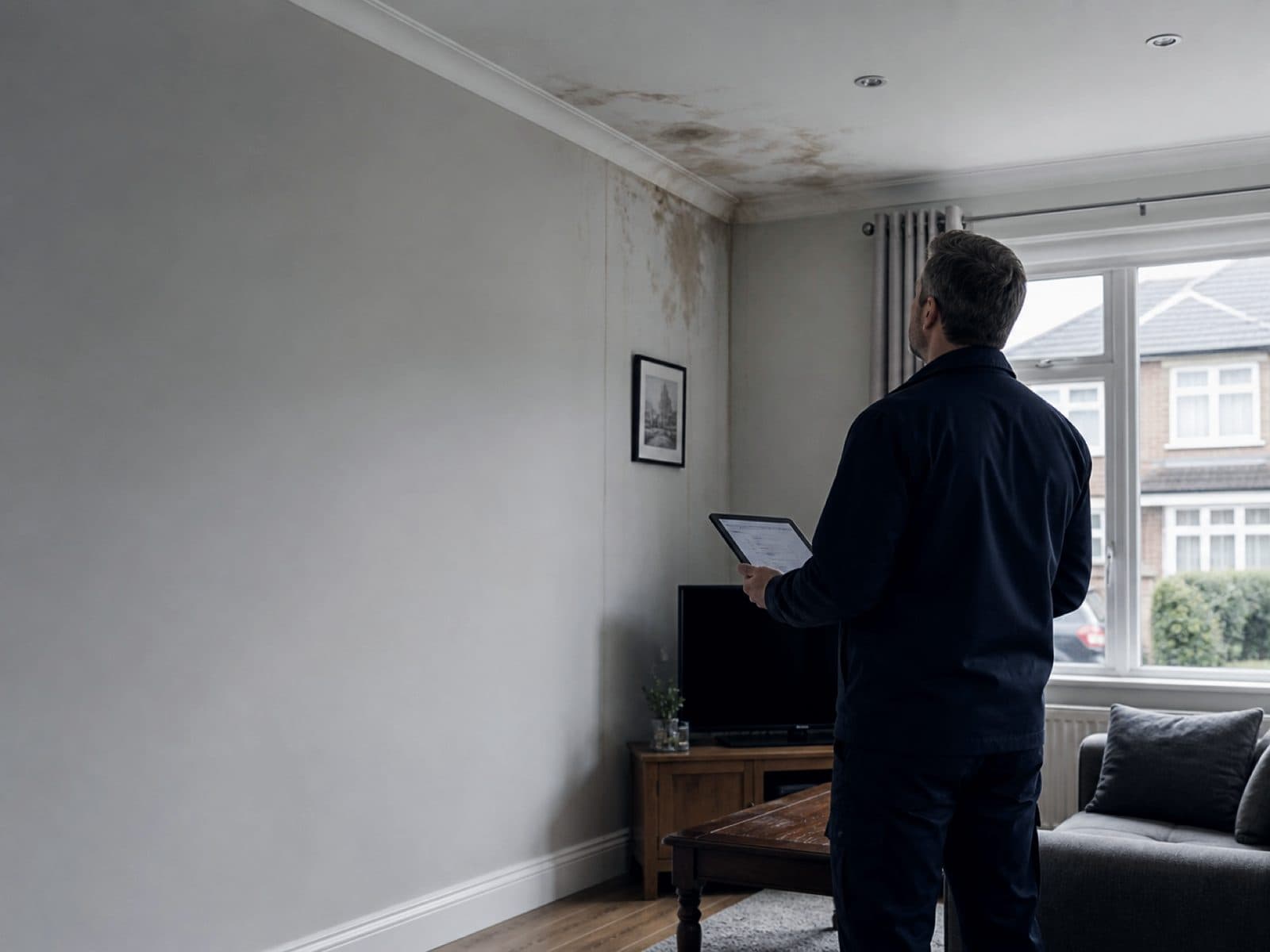 A property assessor documenting water damage inside a home